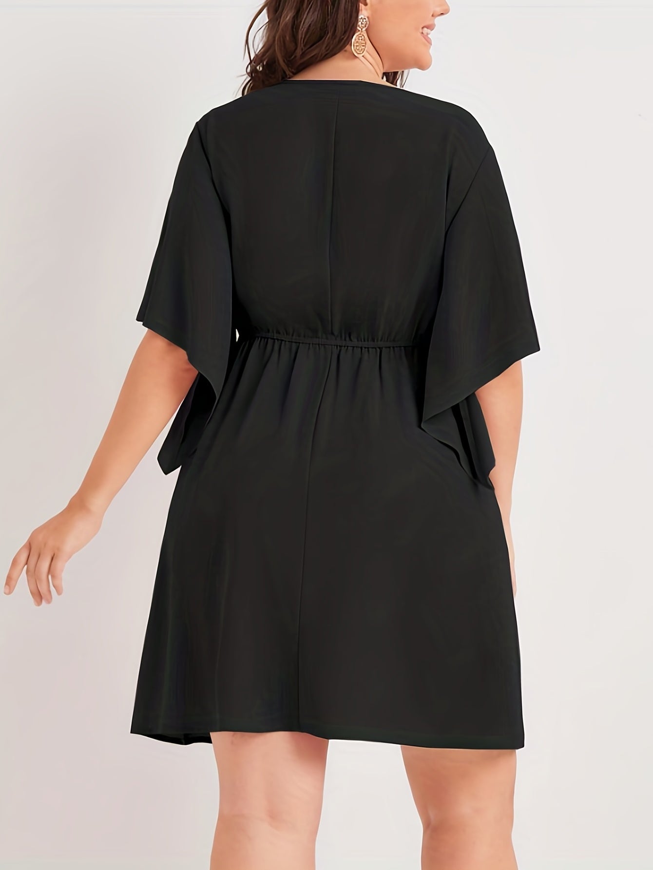 Solid Bell Sleeve Surplice Neck Mini Dress