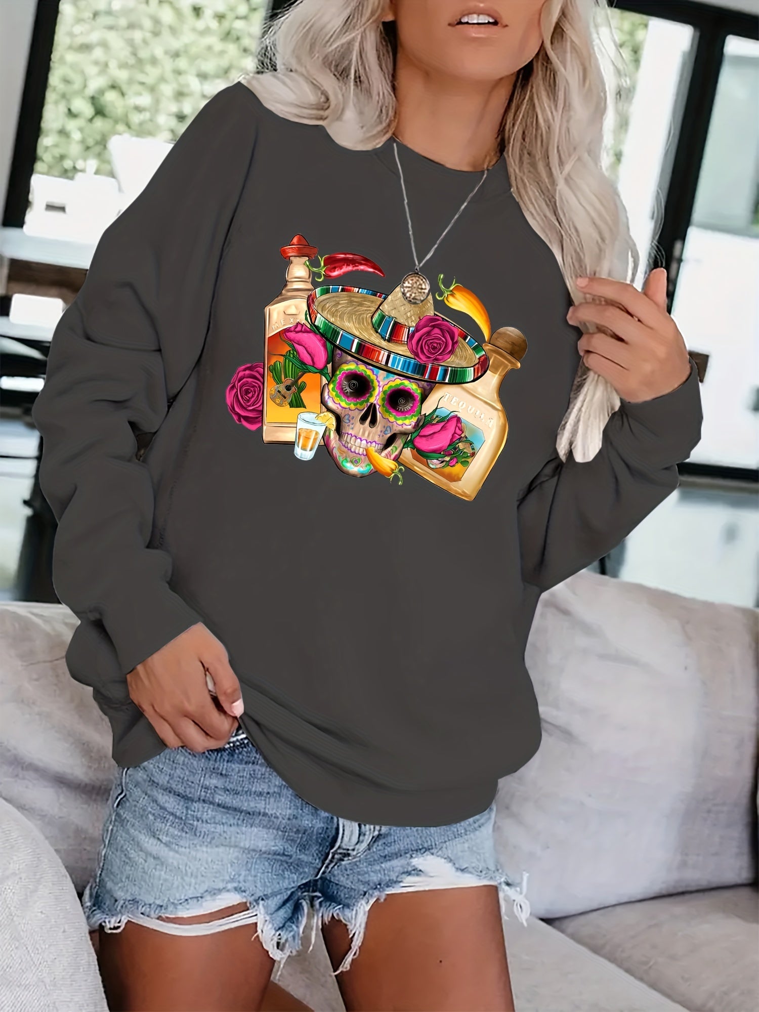 Funny Skull Print Pullover Sweatshirt Long Sleeve Casual Winter Wear