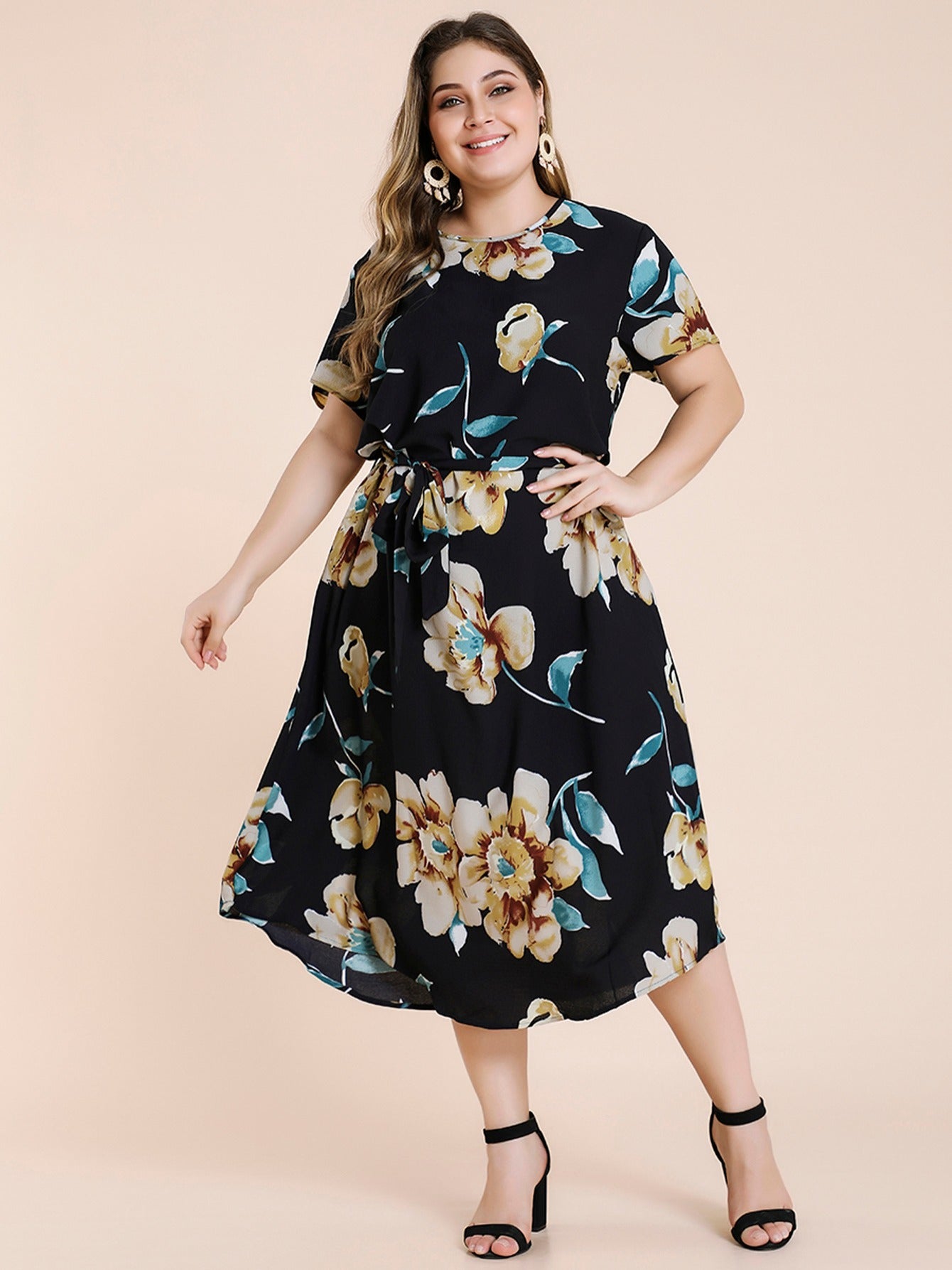 Floral Print Maxi Dress Plus Size Women's Short Sleeve Long Dress