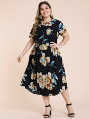 Floral Print Maxi Dress Plus Size Women's Short Sleeve Long Dress