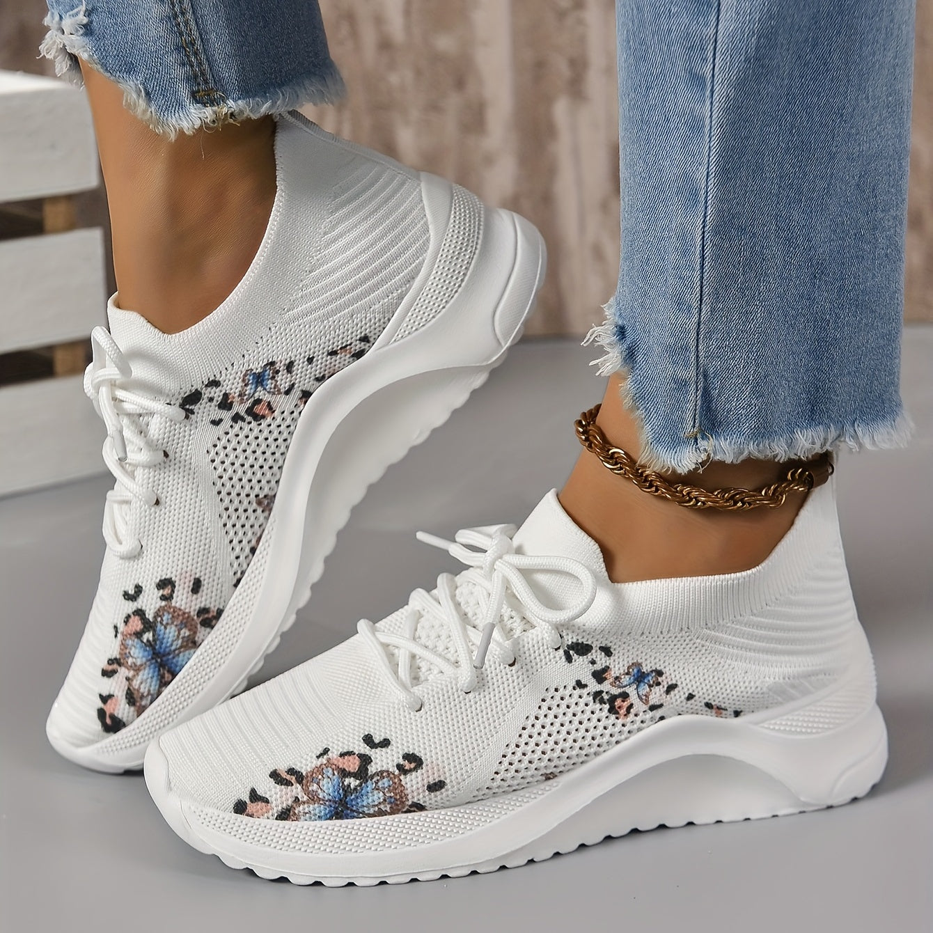 Women's Butterfly Print Knitting Sports Lace Up Sneakers