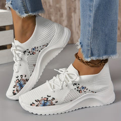 Women's Butterfly Print Knitting Sports Lace Up Sneakers