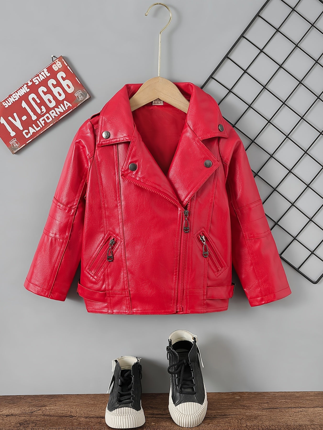Kids Lapel PU Leather Jacket Zipper Coat Boys Girls Top