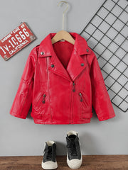 Kids Lapel PU Leather Jacket Zipper Coat Boys Girls Top
