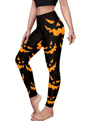 Halloween Sports Leggings Women's Plus Pumpkin Print Elastic Waist