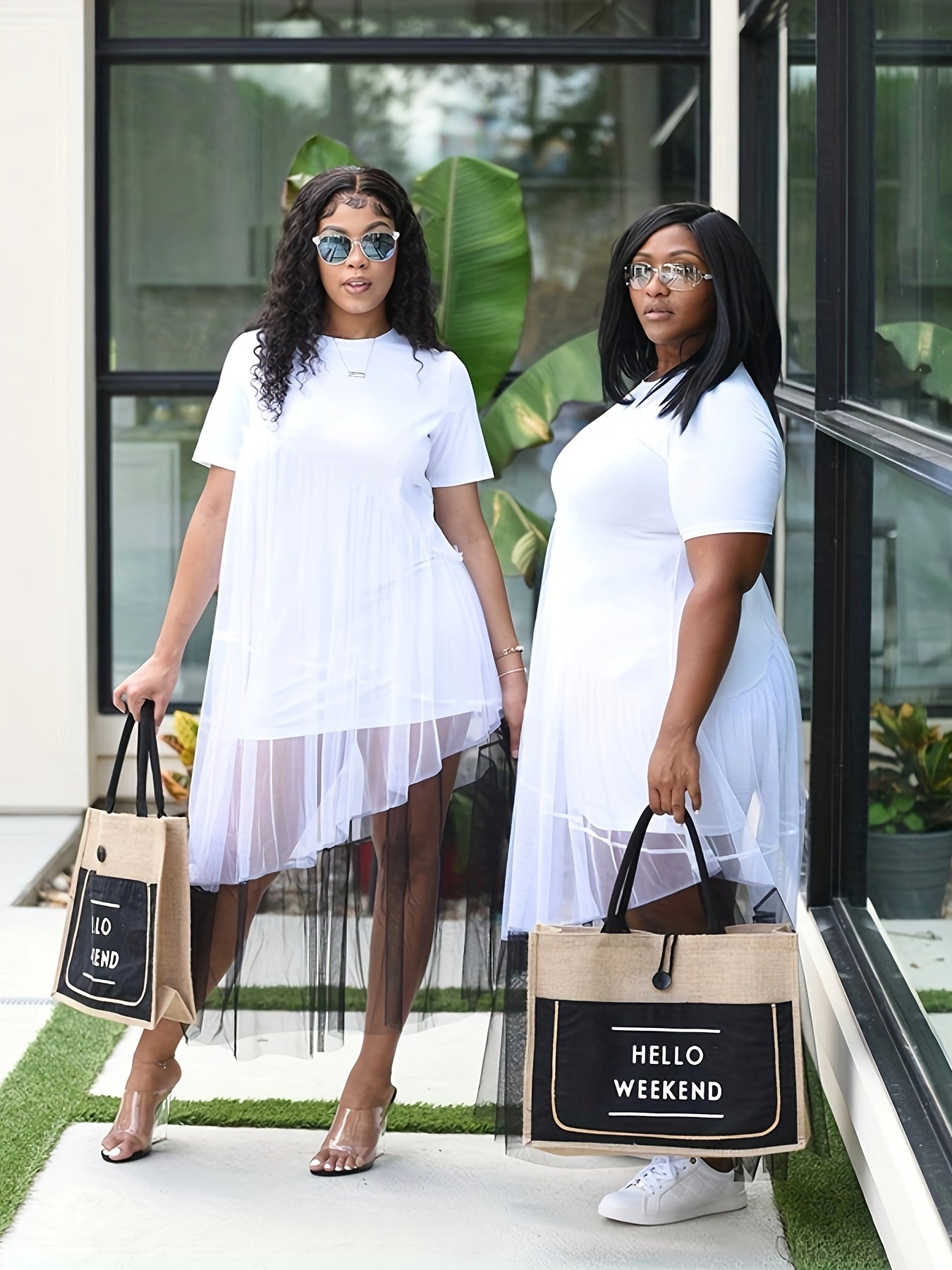 Contrast Mesh Short Sleeve Round Neck Layered Smock Maxi Dress