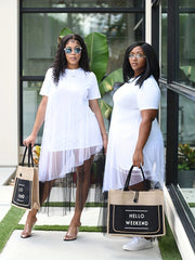 Contrast Mesh Short Sleeve Round Neck Layered Smock Maxi Dress