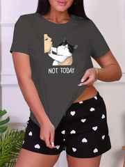 Cat Print Sleep Top Short Sleeve Crew Neck Pajama Shirt