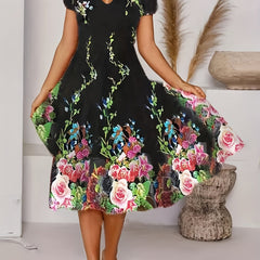 Floral V Neck Dress Short Sleeve for Spring & Summer