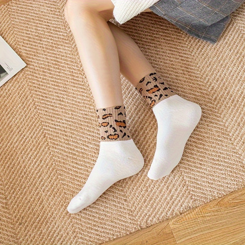 5 Pairs Leopard Striped Socks Women's Mid Tube Stockings