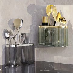 Wall Mounted Utensil Holder with Metal Rack - Stylish Kitchen Cutlery Storage