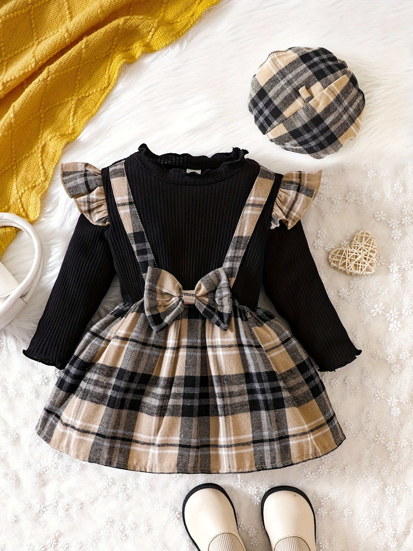 Baby Girls Plaid Dress Bow Long Sleeve Casual Stitching Dress