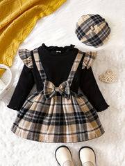 Baby Girls Plaid Dress Bow Long Sleeve Casual Stitching Dress