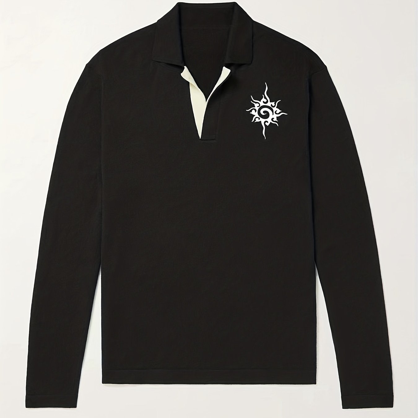 Retro Pattern Knit Polo Shirt Men's Casual Lapel Stretch V Neck Pullover Sweater