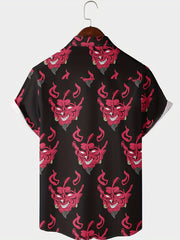 Demon Pattern Short Sleeve Shirt Men's Casual Button Up Shirt