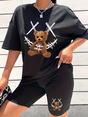 2pcs Bear Graphic Summer Sports Suit Loose Top & Shorts