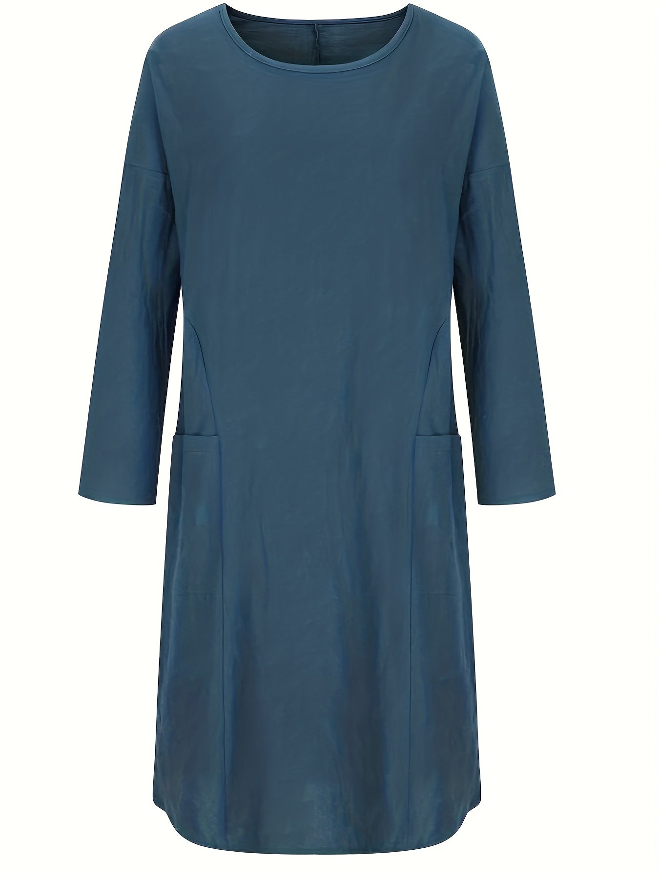 Solid Long Sleeve Round Neck Dress With Pockets