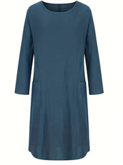 Solid Long Sleeve Round Neck Dress With Pockets