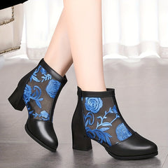 Chunky Heeled Floral Embroidery Ankle Boots