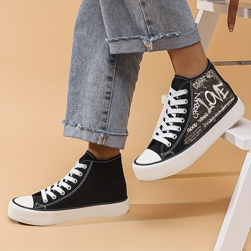 Women's Letter Print High Top Canvas Shoes Lace Up Lightweight Sneakers