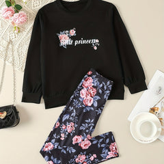 Girl's Floral Outfit 2pcs Set LITTLE PRINCESS Print Kid's Clothes