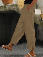 Solid Button Casual Pants with Pockets