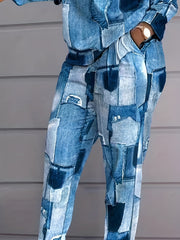 Women's Plus Denim Print Top & Pants Two Piece Set