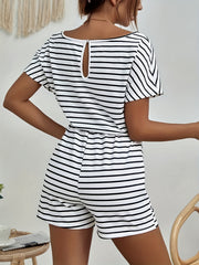 Striped Print Drawstring Waist Romper Jumpsuit Boat Neck Short Sleeve