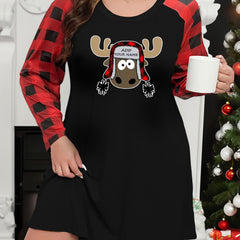 Plus Size Funny Elk Graphic Plaid Raglan Sleeve Lounge Dress