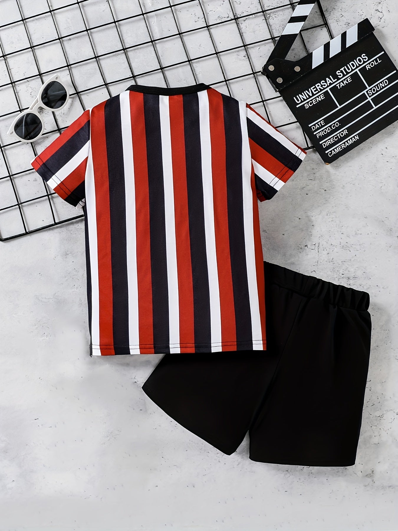 Boys Striped Outfit Short Sleeves Round Neck T shirt & Shorts Casual For Summer