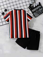 Boys Striped Outfit Short Sleeves Round Neck T shirt & Shorts Casual For Summer