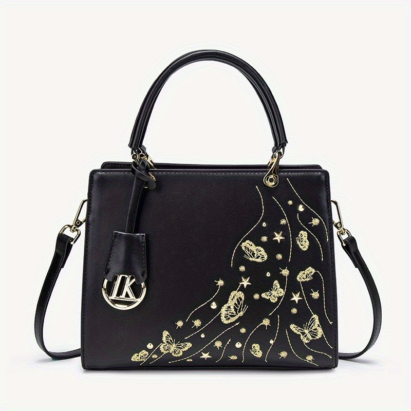 Geometric Floral Crossbody Bag Golden Tone Zipper Closure Polyester Lining