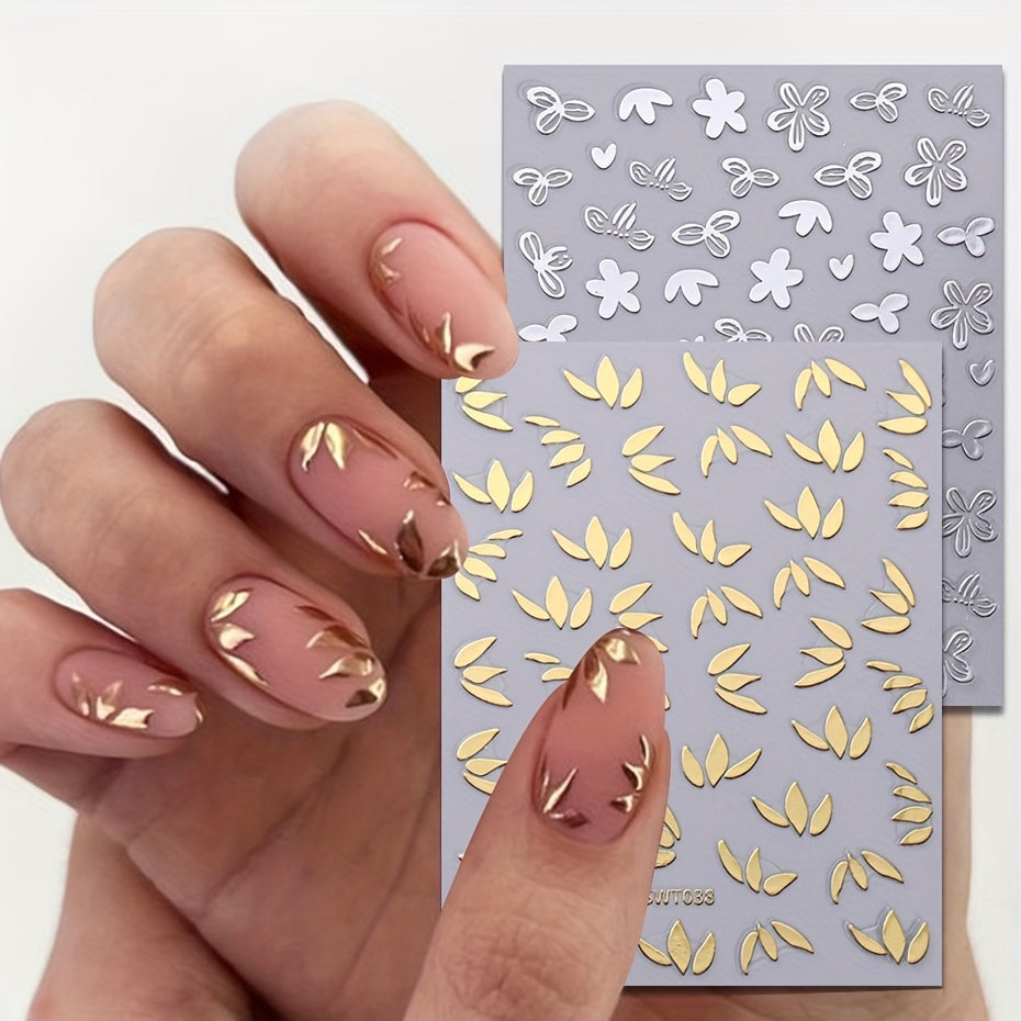 Metallic Leaf Nail Art Stickers Flower Rose Golden Silvery Mirror Spring Petal