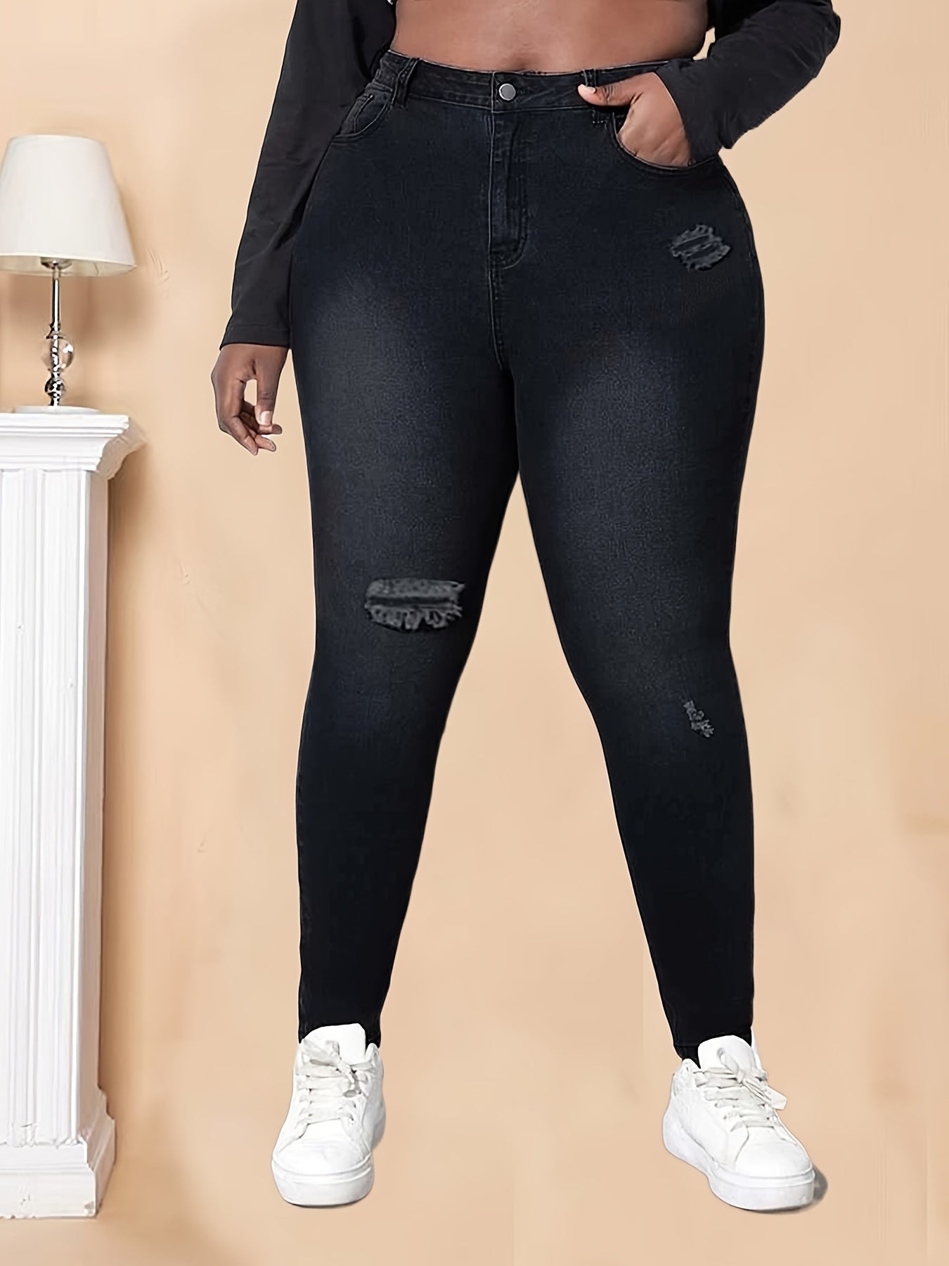High Rise Ripped Skinny Jeans Women's Plus Denim Pants