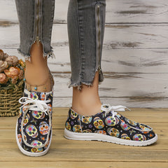 Colorful Skull Print Canvas Shoes Lace Up Lightweight Low Top Halloween Shoes