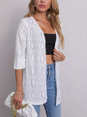 Flower Jacquard Open Front Cardigan with Lace Trim