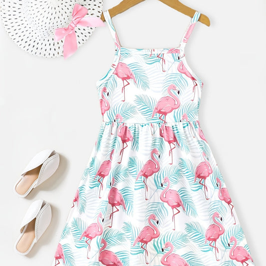2pcs Toddler Girls Flamingo Cami Dress & Bow Straw Hat Set