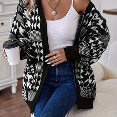 Women's Plus Geometric Print Long Sleeve Open Front Cardigan With Pockets