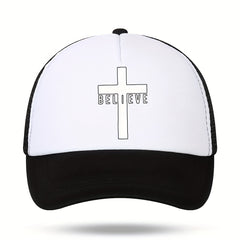 Men's Cross Believe Print Outdoor Sun Hat Breathable Net Baseball Cap