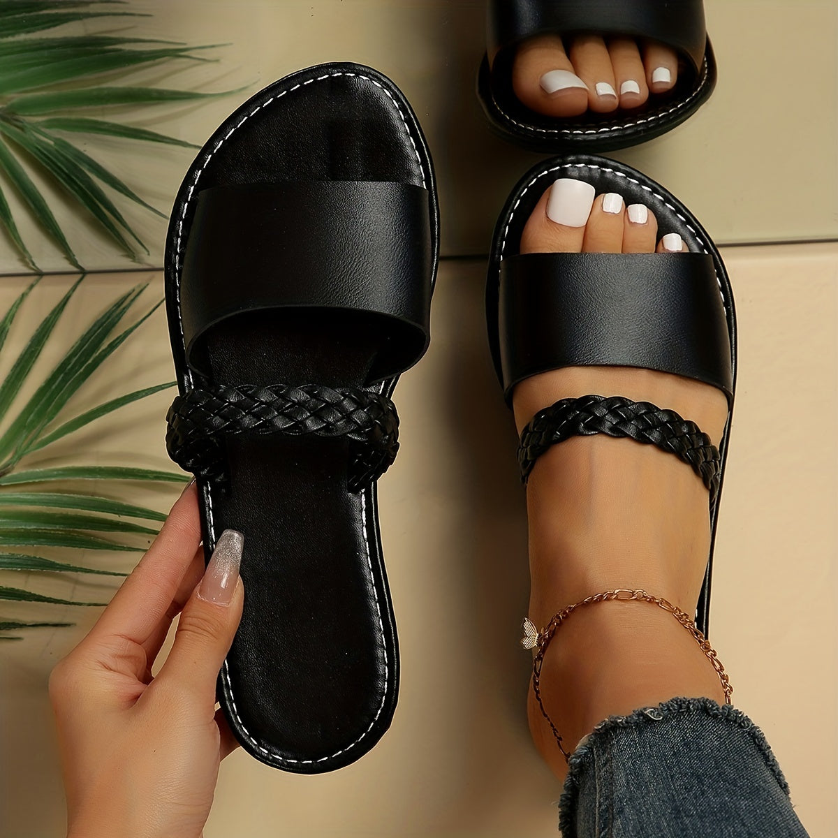 Women's Solid Braided Sandals Slip On Open Toe Lightweight Flat Slides Shoes