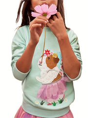 Girls Puppy Embroidery Sweatshirt Top Pullovers For Sports Casual Outfit