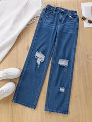 Girls Ripped Denim Pants Comfortable Jeans For Sports Kids