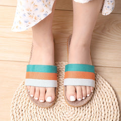Women's Colorblock Linen Slides Lightweight Open Toe Single Band Slip On Shoes