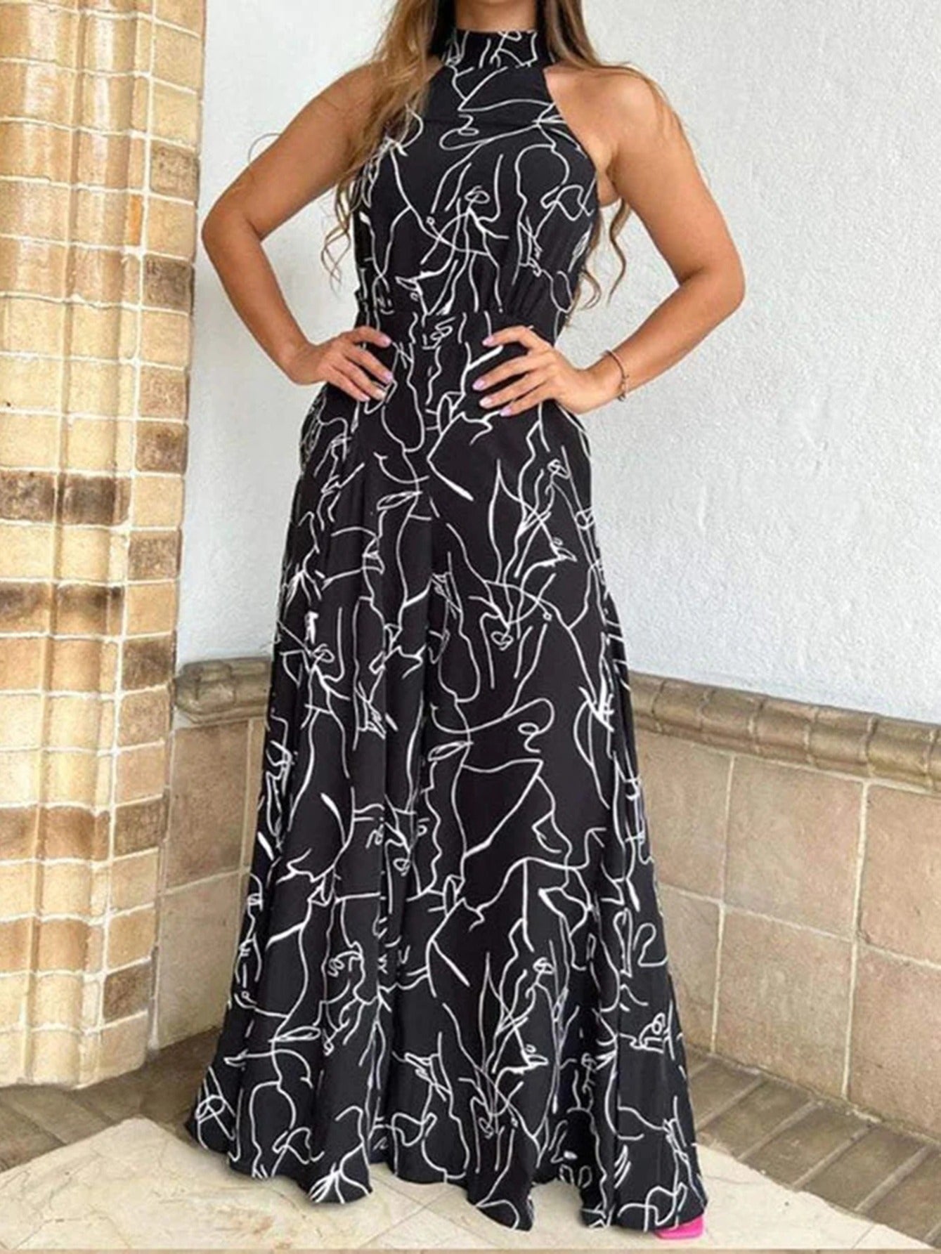 Floral Print Halter Jumpsuit Tie Waist Wide Leg
