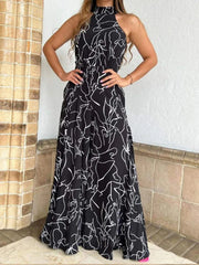 Floral Print Halter Jumpsuit Tie Waist Wide Leg