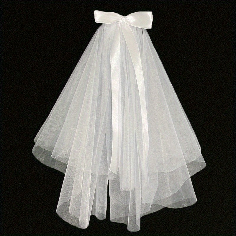 2 Tiers Faux Pearl Ribbon Bow Veil With Comb Wedding Headdress