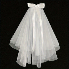 2 Tiers Faux Pearl Ribbon Bow Veil With Comb Wedding Headdress