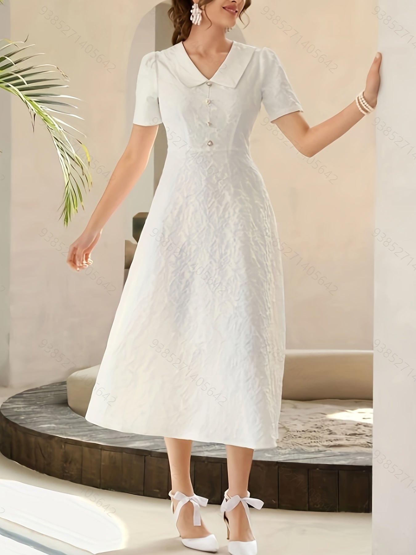 Solid High Waist V Neck Midi Dress Short Sleeve