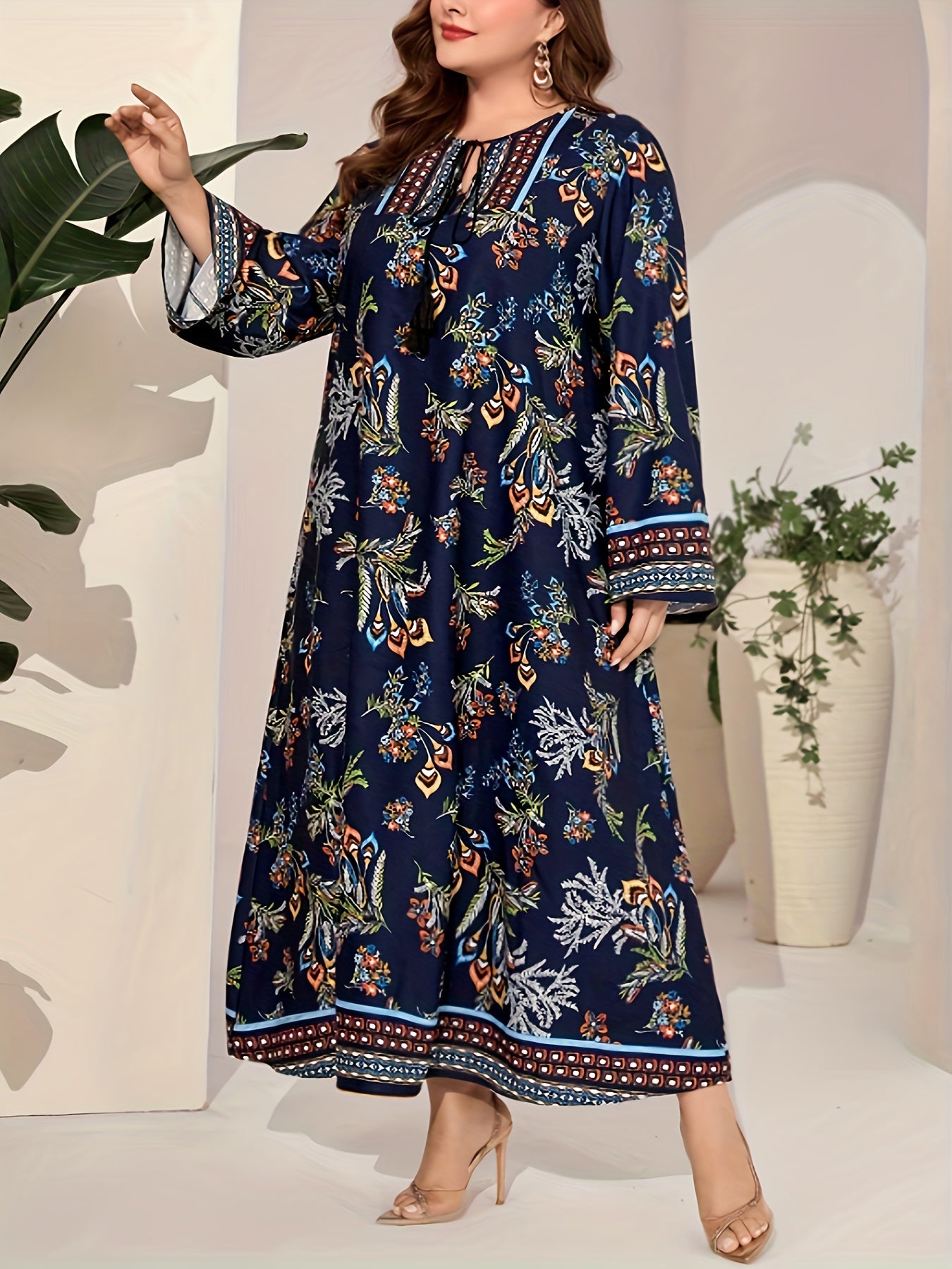 Border Floral Print Abaya Dress Fringe Tie Neck Maxi Jalabiya Dress