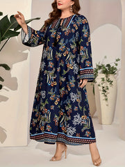 Border Floral Print Abaya Dress Fringe Tie Neck Maxi Jalabiya Dress